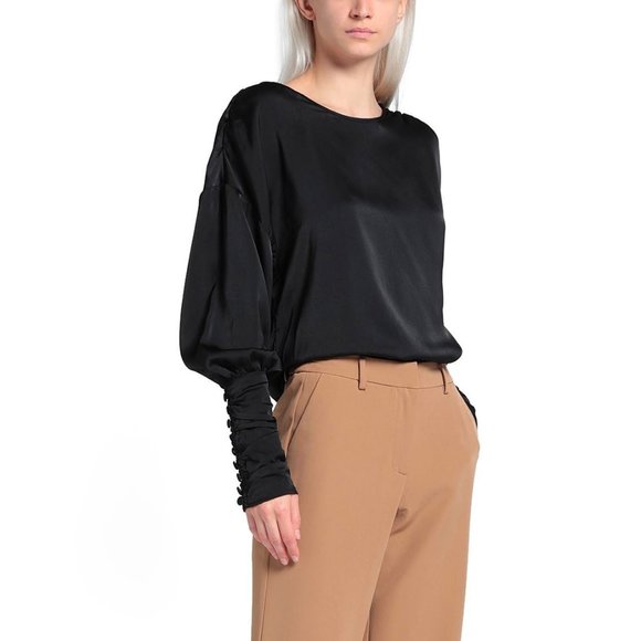 Satin black blouse long sleeves buttoned cuffs - Picture 2 of 9